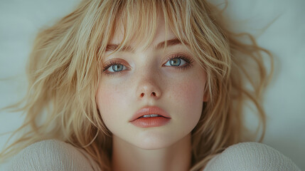 Naklejka premium A young woman with blonde, tousled hair gazes directly at the viewer with striking blue eyes, showcasing her natural beauty and calm demeanor at home