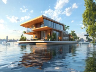 Obraz premium Floating eco-homes, sustainable homes on water for a greener future