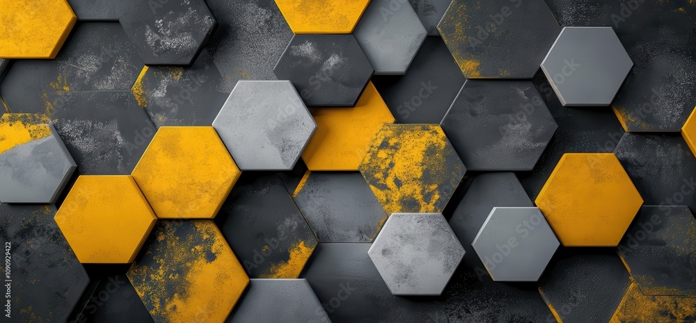 Poster abstract geometric pattern featuring hexagonal shapes in shades of gray and yellow, creating a moder