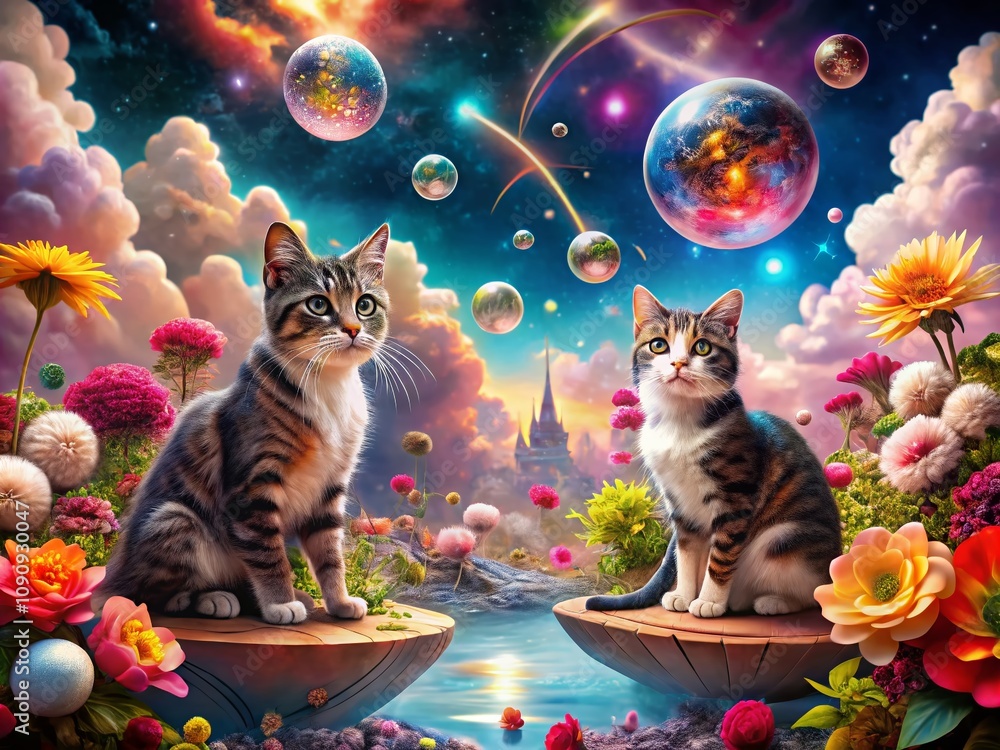 Poster surreal photography of two cats in a dreamlike landscape with floating objects and vivid colors, cre