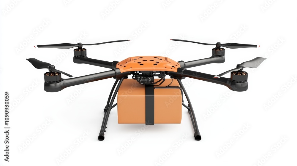 Poster a drone delivering a package, equipped with ai for navigation, isolated on a white background