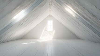 Obraz premium Serene white attic with slanted walls and sunlight streaming through a window, creating a peaceful and minimalist atmosphere.