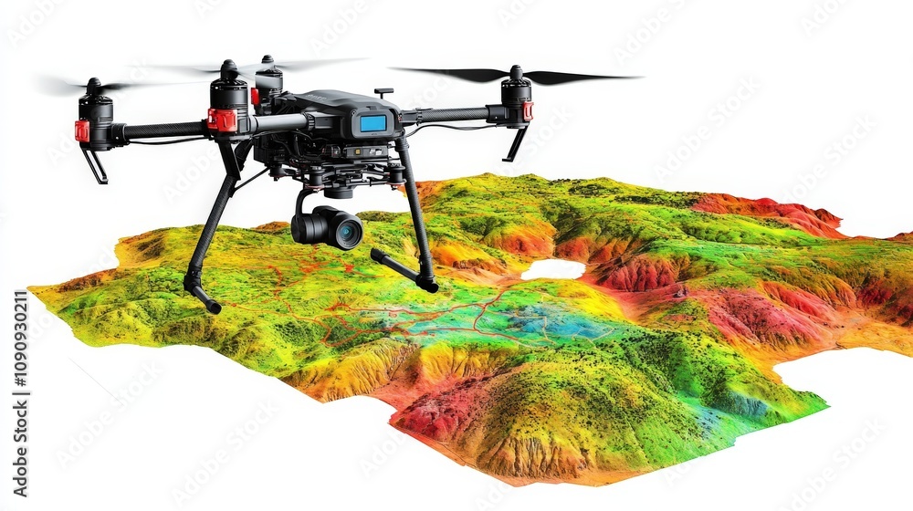 Poster a drone equipped with ai scanning a landscape for mapping, isolated on a white background