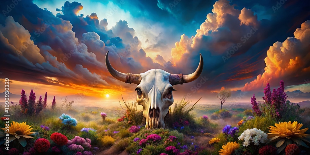 Poster surreal representation of a cow skull amidst an ethereal dreamscape with floating clouds and vivid c