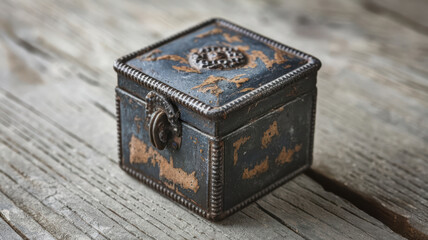 Obraz premium medium shot of small square iron box with vintage design, showcasing its weathered texture and intricate details. This charming piece adds character to any setting
