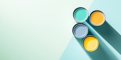 A flat lay of pastel blue green and yellow paint cans. Repare web-banner. top view, copy space.