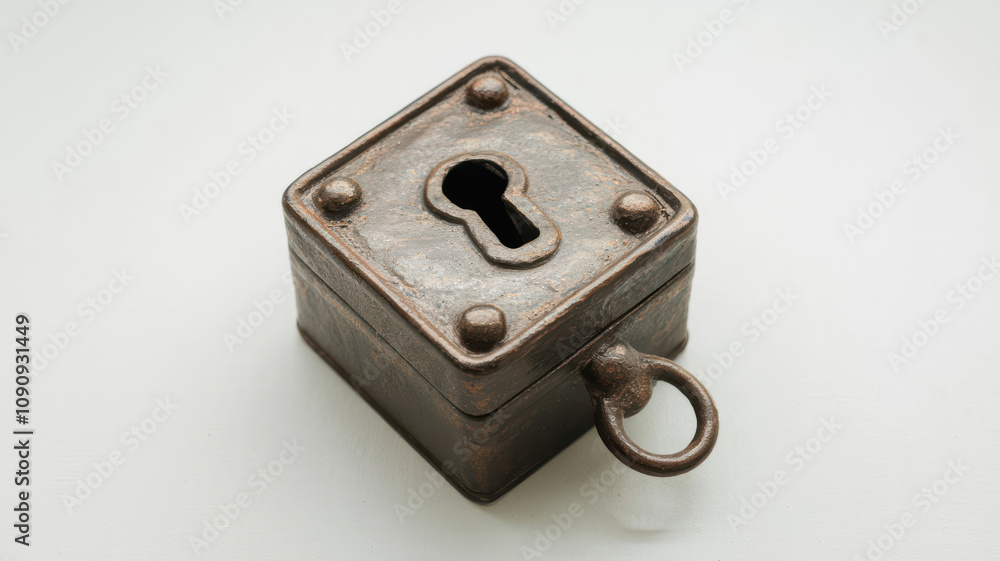 Poster small square iron box with keyhole, featuring rustic design and loop for attachment. this unique pie