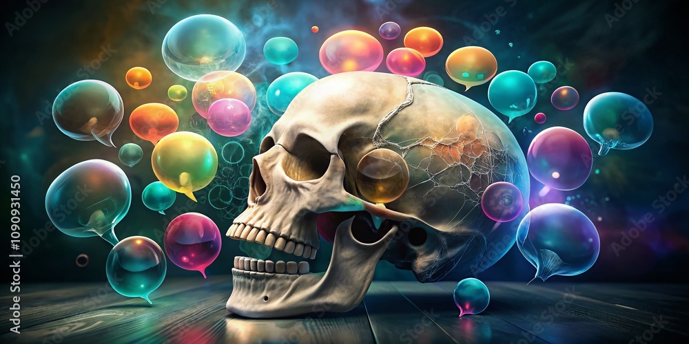 Aufkleber surreal skull and conversation logo design for unique business branding and iconography, merging ele