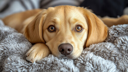 A golden retriever mix relaxes on a soft, fluffy blanket in a warm home environment during a quiet afternoon, showing its calm demeanor