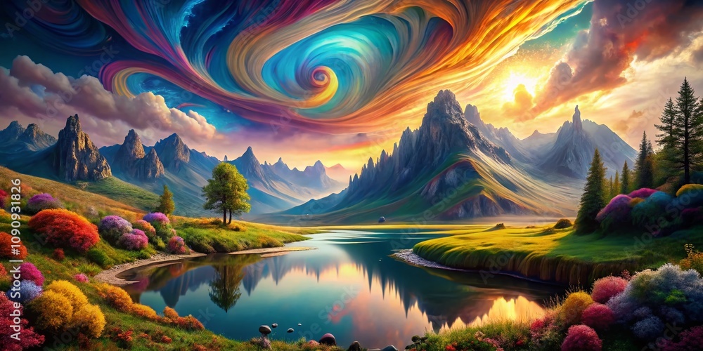 Poster surreal transformation: exploring the concept of umschichtung in dreamlike landscapes and abstract f