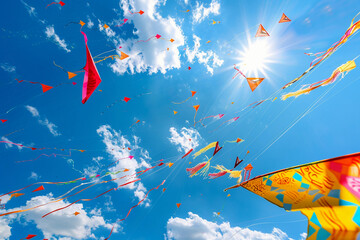 Obraz premium Beautiful greeting card with colorful kites soaring high above vibrant sky to holiday composition