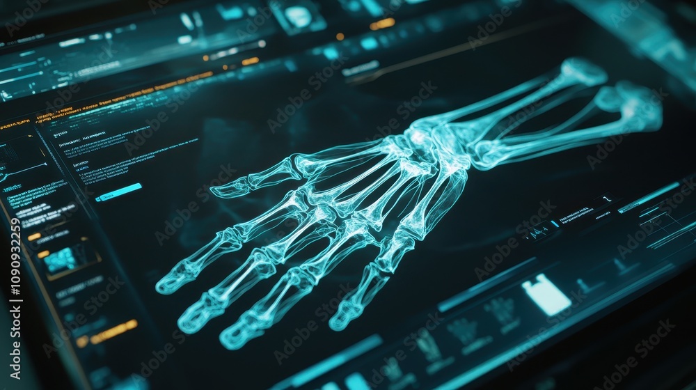 Poster an x-ray image of a human hand displayed on a digital interface.