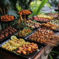 Obraz premium Delicious grilled food buffet, outdoor setting.