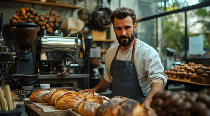 A baker stands confidently behind a display of fresh bread and pastries in a cozy, vibrant bakery filled with warm, inviting aromas.