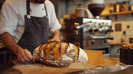 A baker slices a freshly baked loaf of artisanal bread on a wooden surface in a cozy cafe setting.
