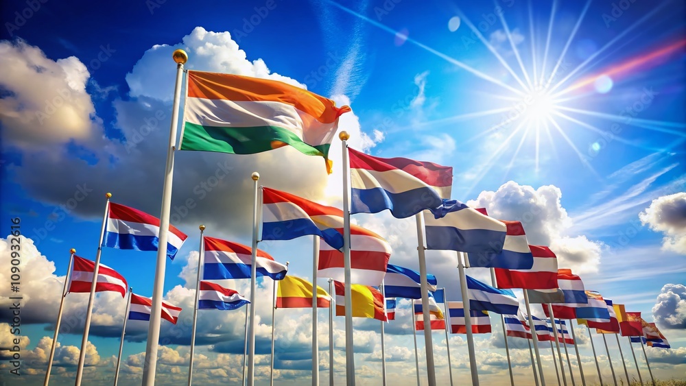 Poster swung country flags in a vibrant blue sky with clear copy space for text, symbolizing unity and inte