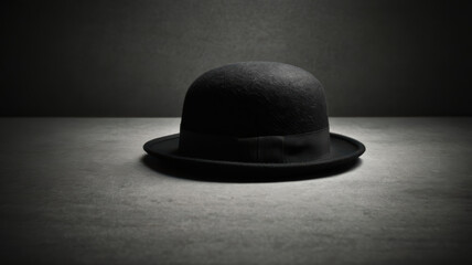 classic black felt bowler hat resting on smooth surface, illuminated by soft light, creating dramatic and elegant atmosphere