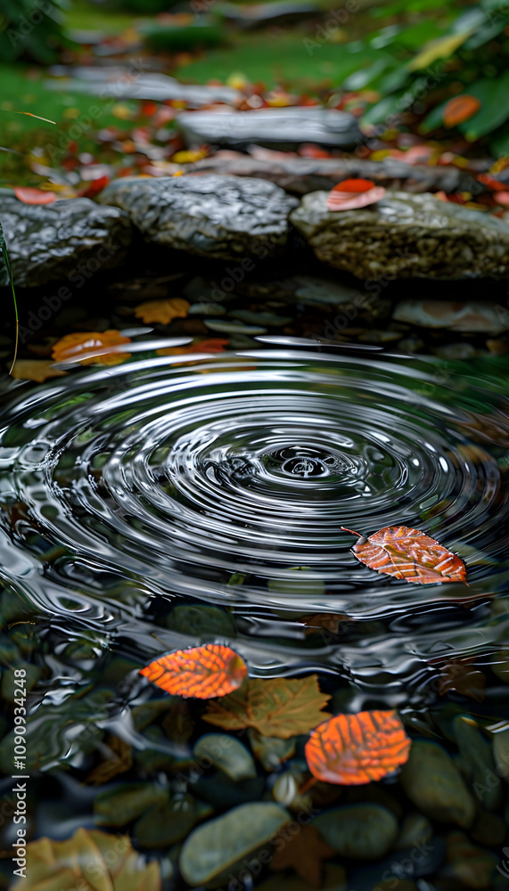 Poster autumn leaves falling into a calm pond creating concentric ripples.