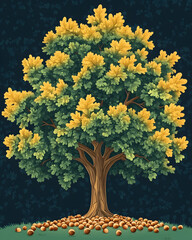 Autumnal tree with vibrant fall foliage and acorns scattered beneath.