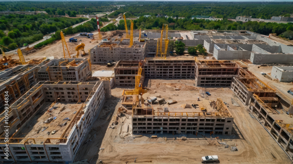 Poster aerial view of large construction site featuring multiple buildings under development, with cranes a