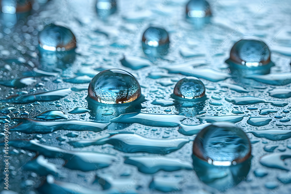 Poster Close-up of water droplets on a surface, reflecting light and creating a textured pattern.