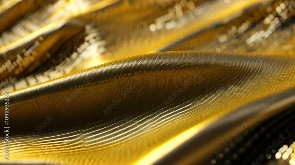Poster A close-up shot of a shimmering golden fabric with intricate woven threads, creating a fluid, undulating surface