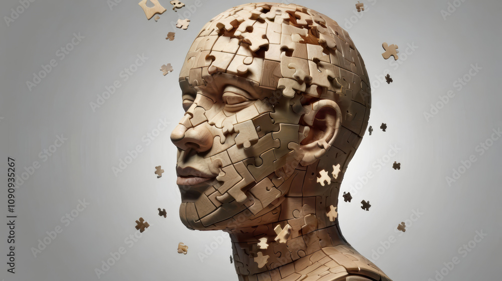 Poster image features human head composed of puzzle pieces, with some pieces appearing to fall away, symbol