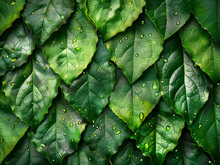 Fototapeta premium Close-up view of layered green leaves with water droplets.