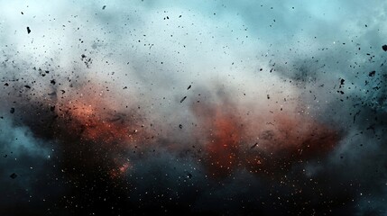 Abstract background with fire particles and sparks, smoke, debris and noise after natural disaster, catastrophe or bomb explosion. War, military operation concept. Backdrop for design war game