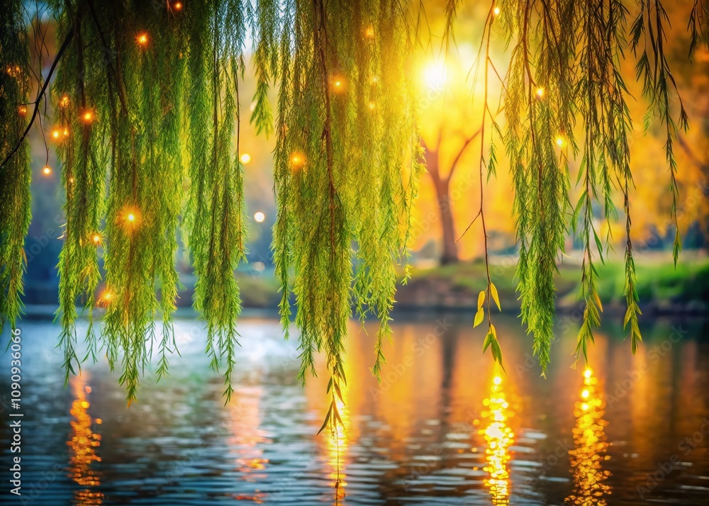 Poster tranquil reflection of weeping willow tree branches over a serene pond, capturing the moody atmosphe