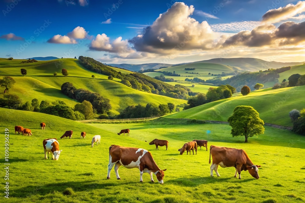 Poster tranquil scene of cows grazing in lush green fields under a clear blue sky with ample copy space for