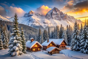Fototapeta premium Tranquil Snowy Mountain Village in Winter: Scenic Views of Cozy Cabins, Snow-Covered Pines, and Majestic Peaks Capturing the Essence of Remote Alpine Living and Nature's Beauty