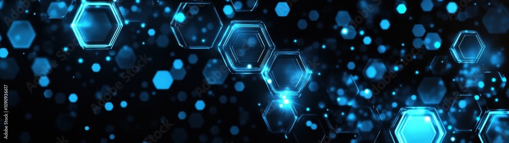Poster abstract blue hexagonal shapes and bokeh light effects on a dark background for creative digital vis