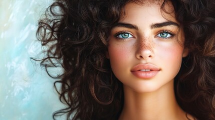 Naklejka premium Young Woman with Natural Curls and Bright Eyes Illuminating Soft Features Against a Gentle Pastel Background