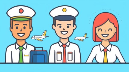 Fototapeta premium Airline crew members ready for departure airport terminal illustration professional environment cheerful viewpoint travel experience