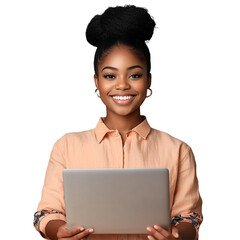 A happy woman, laptop and portrait for online research, creative planning and education or e-learning. A student at a computer to receive information, isolated on a transparent background.
