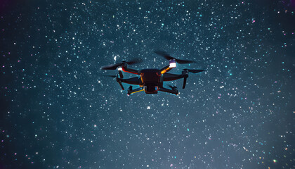 drone hovers against stunning night sky filled with stars, showcasing beauty of cosmos. scene captures essence of exploration and technology in harmony with nature
