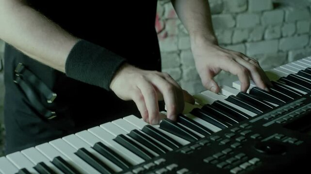 Close-up shot captures a musician's hands skillfully playing a synthesizer keyboard. Dressed in a black shirt and wristband, the artist showcases talent and passion for music