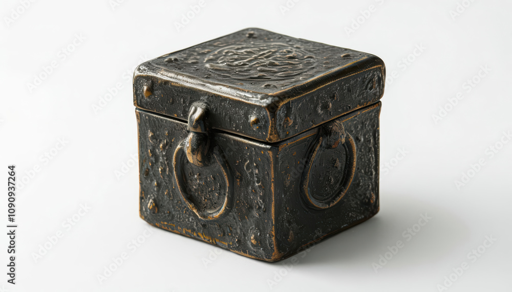 Poster small square iron box with textured surface and decorative lid, featuring ring handle on each side, 