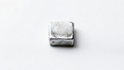 small square piece of iron rests on white background, showcasing its metallic sheen and smooth surface. simplicity of object highlights its industrial charm and unique texture