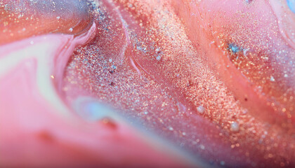 Fototapeta premium Sparkling fluid. Liquid ink color mix. Blurred orange pink color shiny dust particles acrylic paint swirl water emulsion flow abstract art background.