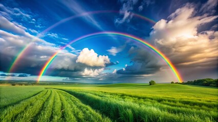 Fototapeta premium Two Vibrant Rainbows Arcing Across a Clear Blue Sky with Lush Green Fields Below, Perfect for Capturing the Beauty of Nature and Creating a Serene Atmosphere in Imagery