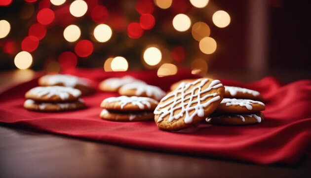 Ginger cookies on the table with red tablecloth. 