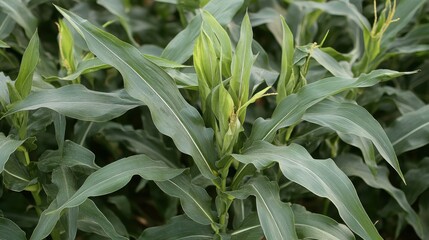 Obraz premium field of organic corn with healthy green leaves, sustainable crop production, natural environment
