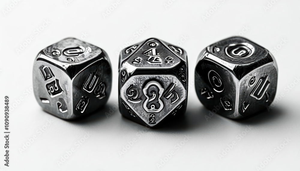 Poster metal dice with intricate designs on white background create striking visual. shiny surface reflects