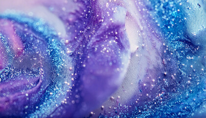 Fototapeta premium Sparkling fluid. Liquid ink color mix. Blurred purple blue color shiny dust particles acrylic paint swirl water emulsion flow abstract art background.