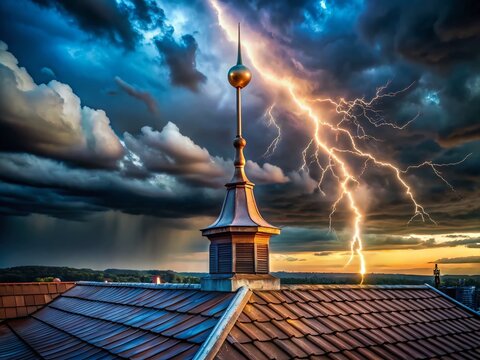 Urban Exploration of a Copper Lightning Rod on a Rooftop Against a Dramatic Cloudy Sky, Showcasing the Importance of Lightning Protection Systems in Architecture