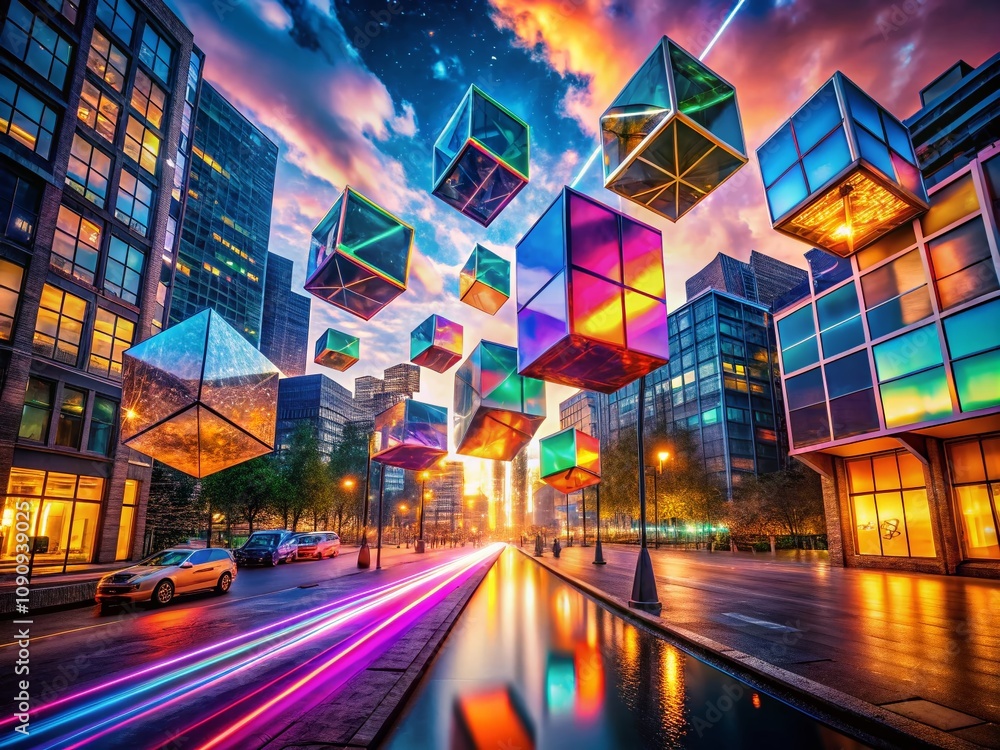 Poster urban exploration of rotating glowing cubes in space, capturing the movement and flight of abstract 