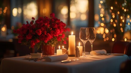 A romantic dinner table setting with red roses, candles, and wine glasses.