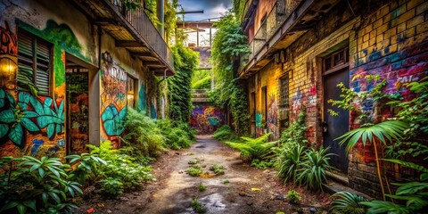 Fototapeta premium Urban Exploration Photography Capturing the Essence of Shortcuts in Abandoned Cityscapes, Highlighting the Contrast Between Nature and Urban Decay